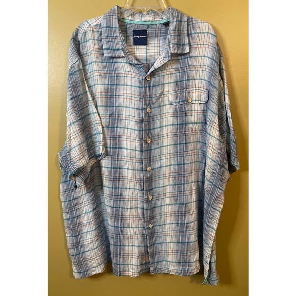 Tommy Bahama Men's Blue Plaid 100% Linen Button-up Shirt Size 2XB - Picture 1 of 7